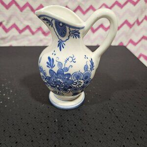 Vintage White Blue Ceramic Delft style Floral Mini Pitcher Vase 5"